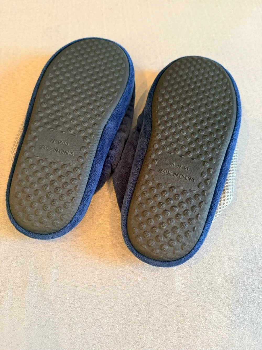 Plush Navy Kids Slip-On Slippers with White Logo